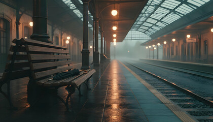 Abandoned Train Station Platform in Autumn Dusk