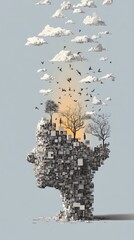 Conceptual digital art of a human head composed of screens and devices, transforming into birds, trees, and clouds. A powerful metaphor for escaping information overload and reclaiming mental clarity.