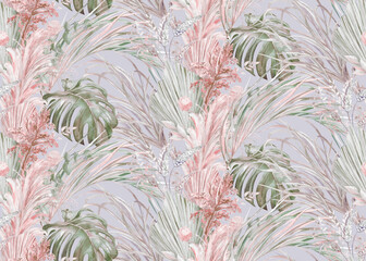 Seamless botanical pattern jungle with watercolor leaf silhouettes for textile