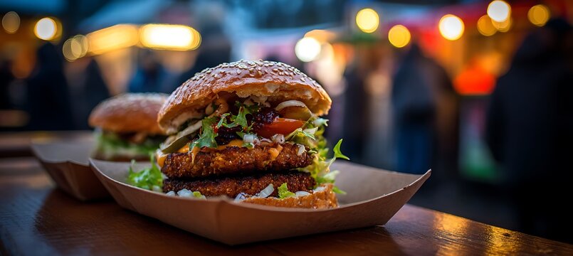 Delicious gourmet burger with sesame seed bun and fresh ingredients food photography for restaurant menu 100