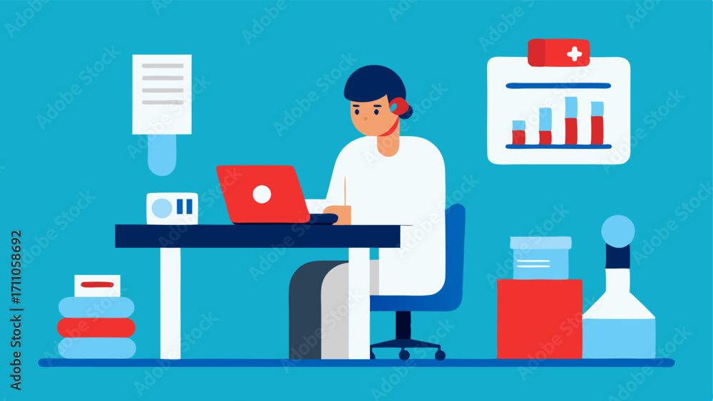 Poster cholesterol test setup a patient sitting in a lab setting with a technician preparing equipment to m