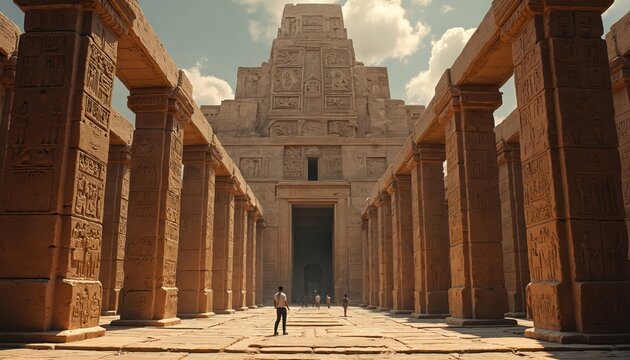 Ancient stone temple ruins with hieroglyphs on pillars. People walk through grand columns toward a large monument under a cloudy sky. Historic architecture evokes old civilization.