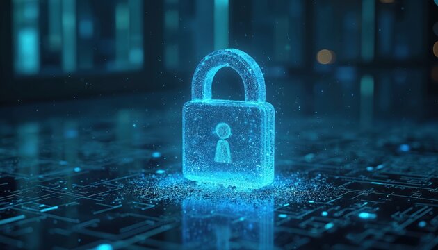 Digital padlock symbol glows bright blue over circuit board. Abstract concept represents data security privacy cyber protection and encryption. Future tech.