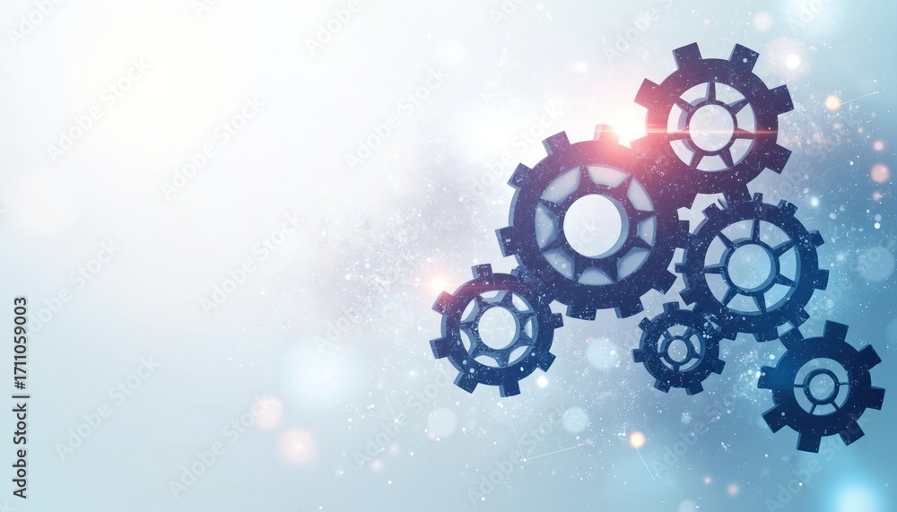 Poster abstract gears move on bright tech background. different sized cogs connect showing system working. 