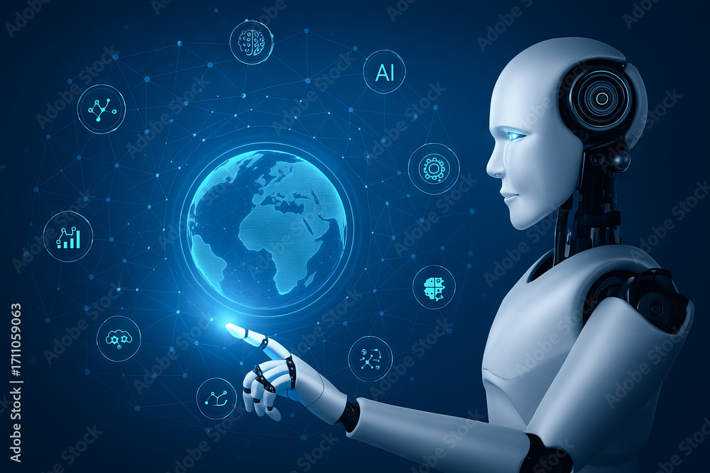 Poster Futuristic ai robot interacting with global technology icons in a digital network scene. concept of artificial intelligence, robotics innovation, digital technology