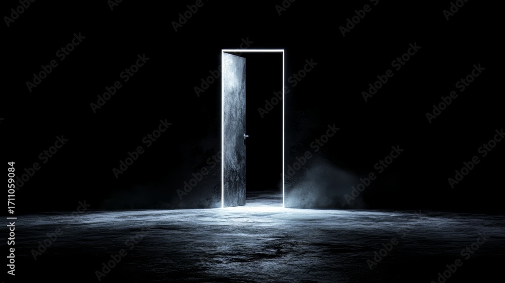 Poster dark room with a large open door. the door is lit up with neon lights, creating a mysterious and eer