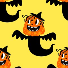 Autumn harvest vegetable seamless monster Halloween pumpkins pattern for wrapping paper and fabrics