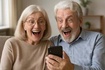 Surprised senior couple looking at smartphone with joyful expressions in cozy living room. concept of technology, excitement, happy moments