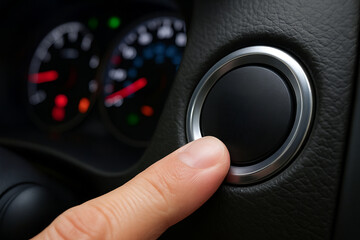Close-up of hand pressing start button in modern car with dashboard displaying speedometers. concept of convenience, automotive technology, vehicle start system