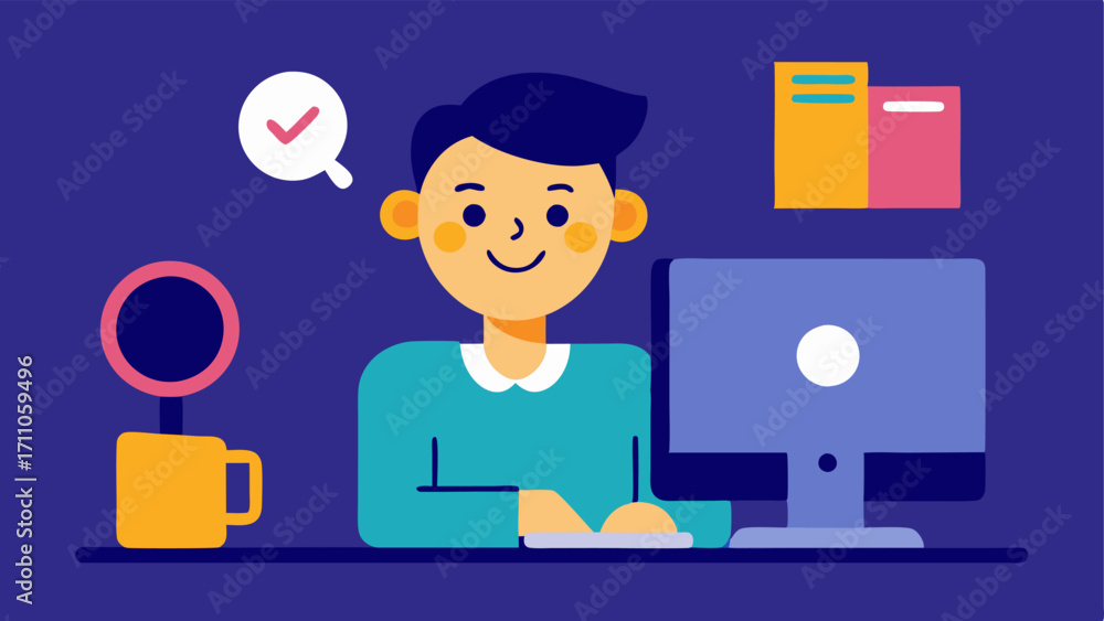 Poster adaptive tools a person smiling while using a unique ergonomic keyboard and screen magnifier to comp