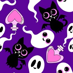 Halloween animals seamless cats pattern for wrapping paper and fabrics and linens and kids clothes print