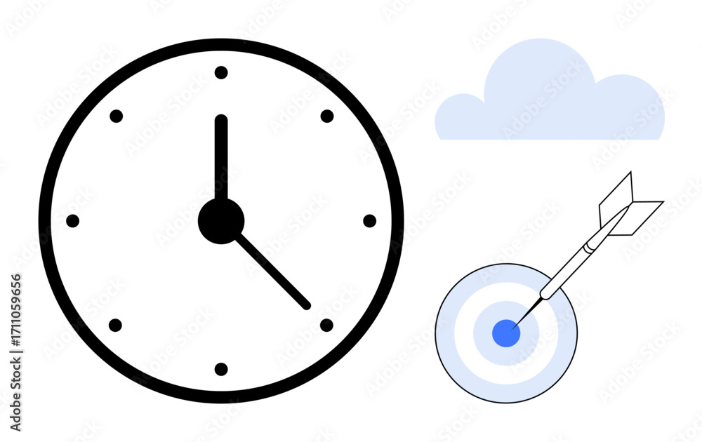 Aufkleber large clock, target with dart at center, and cloud element emphasizing productivity, objectives, foc
