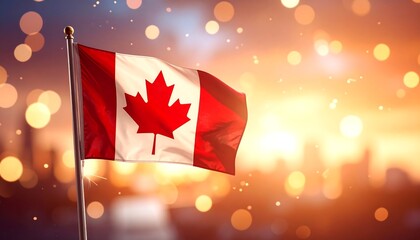 A vibrant Canadian flag waves against a blurred cityscape and golden bokeh, with red leaf at center