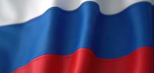 Naklejka premium Russian national flag waving in the wind. Close-up view of tricolor flag with white, blue, and red stripes. Fabric ripples and folds, textured surface, national symbol of Russia.