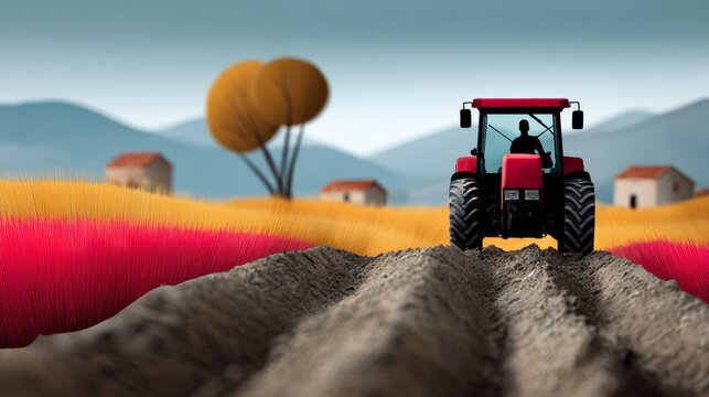 A red tractor is driving down a dirt road in a rural area. The tractor is surrounded by a field of red and yellow flowers. The scene is peaceful and serene