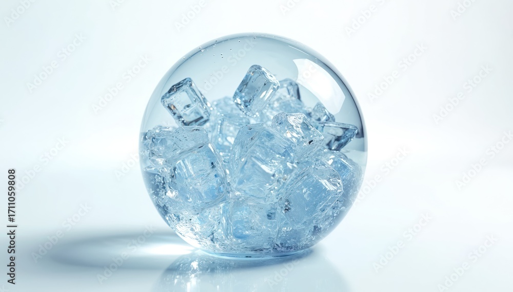 Poster illustration showcases a glass sphere filled with ice cubes. the sphere is transparent and appears o