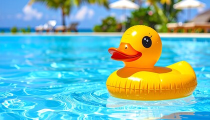 A cheerful yellow rubber duck floats on a bright blue pool.