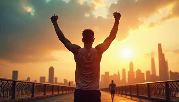 Man celebrates victory with arms raised at sunset city finish line. Runner crosses finish tape, achieves success. Athlete wins race, feels joy, triumphs. - Powered by Adobe