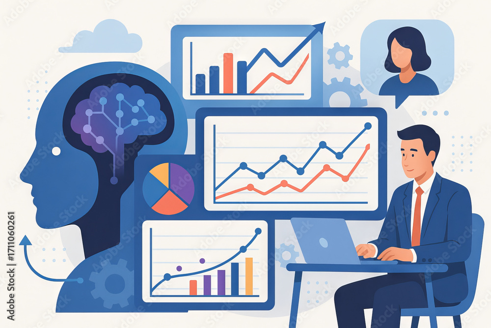 Poster ai data insights with businessman analyzing graphs and charts on laptop in concept of data analysis,