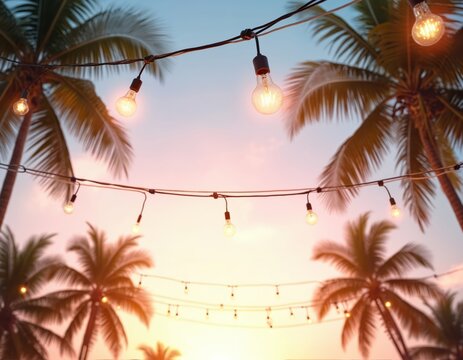 Tropical palm trees with hanging string lights glow against vibrant sunset sky. Warm light bulbs create festive, romantic atmosphere for evening vacations. Summer scene perfect for travel, holidays,