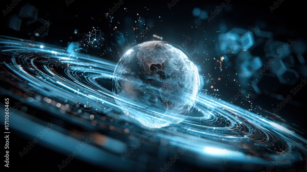 Poster abstract digital earth with glowing orbitals: futuristic technology concept for global communication