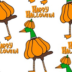 Autumn harvest vegetable seamless monster Halloween duck pumpkins pattern for wrapping paper and fabrics