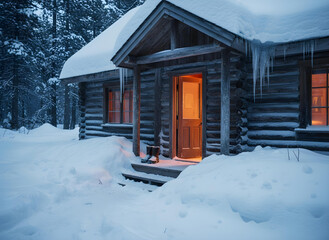 Snow-Covered Mountain Cabin with Warm Light Inside