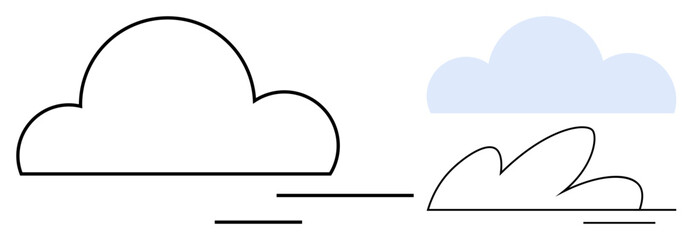 Two stylized clouds one outlined, one filled paired with sleek horizontal lines suggestive of movement or breeze. Ideal for weather, nature, simplicity, calm, environment, design, and technology