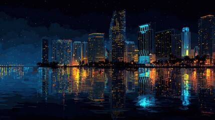 Obraz premium Nighttime Urban Skyline Reflecting on Water, Cityscape with Illuminated Buildings and a Calm, Dark Sea