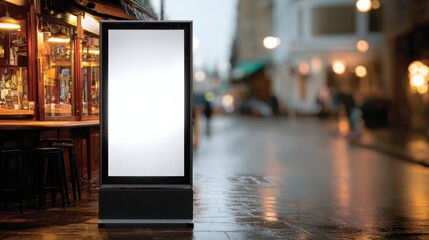 Blank Advertising Kiosk on Wet City Street near Bar, Customizable Marketing Billboard Space