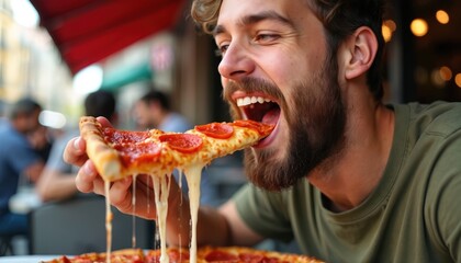 Young man enjoys big pepperoni pizza slice with lots of cheese. People eat food at outdoor cafe on sunny day. Casual man with beard eats italian meal.