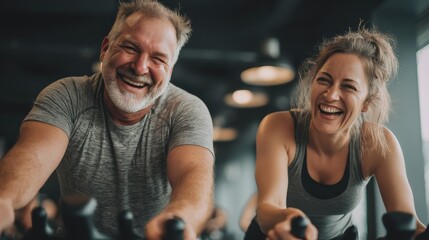 Joyful Mature Couple Exercising Together on Stationary Bikes, Promoting Fitness and Wellbeing in Gym