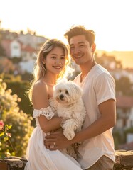 A loving couple embraces a small white dog amidst a picturesque garden setting, bathed in golden sunlight.
