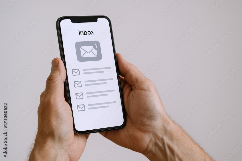 Poster hands holding smartphone displaying inbox app interface with email icons on a white background