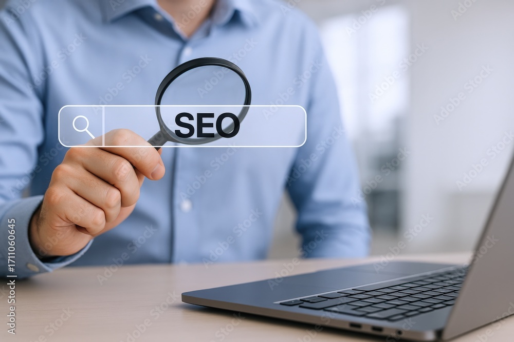 Poster optimizing search engines: close-up of seo concept with magnifying glass and laptop for digital mark
