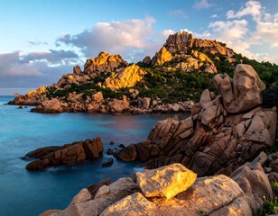 A vibrant coastal scene showcases rugged rock formations bathed in the golden hues of sunrise, with tranquil turquoise water lapping at the base.