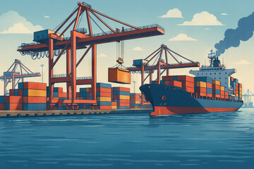 Global shipping dynamics with cargo ship and containers at dockyard in colorful illustration concept of trade, logistics, and maritime transport