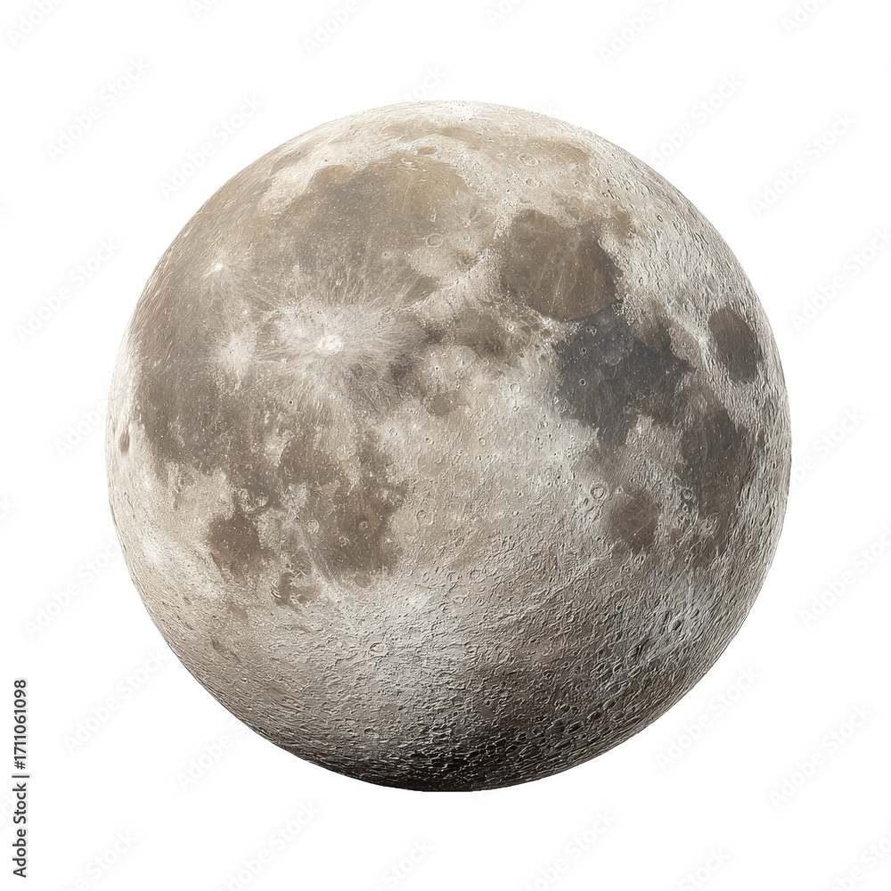 Wall mural detailed view of a full moon with visible craters and surface texture isolated on transparent backgr