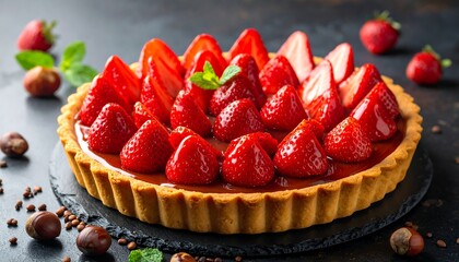A round, delectable strawberry tart, brimming with fresh red berries, sits on a dark slate surface, glistening with a chocolate glaze.