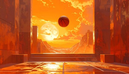 A dramatic, orange-toned vista of a futuristic arena, showcasing a basketball soaring in the golden light of an otherworldly sunset.