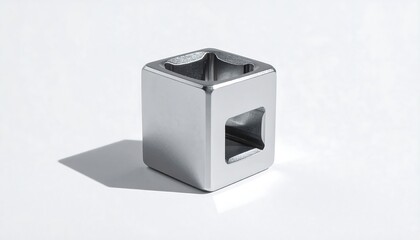 Polished, metallic cube-shaped object with a recessed square cutout, presented on a bright white background.