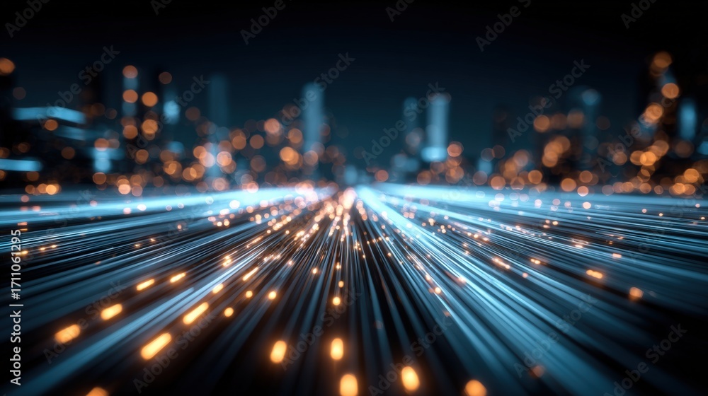 Poster abstract cityscape with data streams and futuristic connectivity, illustrating network communication