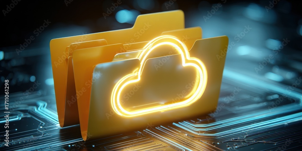 Poster cloud computing concept with folder icon and neon cloud symbol for digital storage