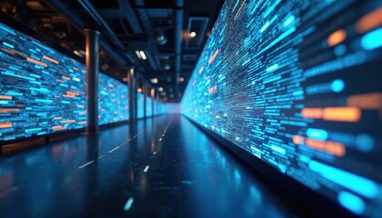 Abstract digital corridor with glowing blue and orange code streams lining walls. Data flows, information highway, digital transformation and big data concepts visually represented.
