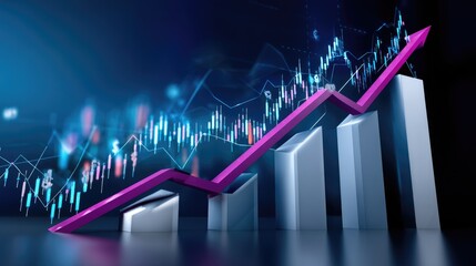 Naklejka premium Vibrant pink arrow displaying upward movement above rising silver bar graphs, illustrating financial market growth and positive business trends with glowing blue digital data analysis.