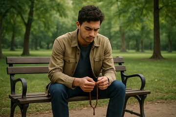 Obraz premium Thoughtful Young Man Seeking Solace and Reflection in Nature, Perfect for Mindfulness and Well-being Campaigns