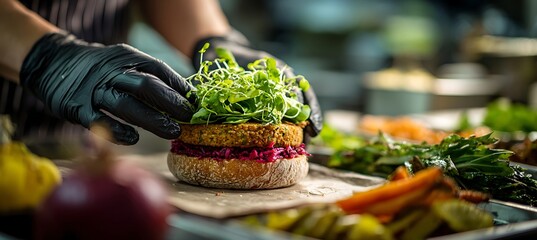Preparing a gourmet vegan burger with fresh ingredients in a restaurant kitchen for healthy eating