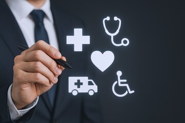 Healthcare Professional Interacting with Medical Icons Displayed on a Futuristic Interface, Illustrating Innovation and Advanced Technology
