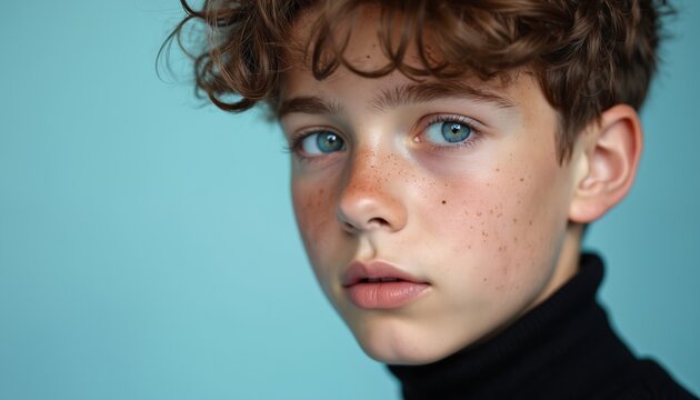 Close-up studio portrait of a teenage boy with curly brown hair and striking blue eyes. He has freckles across his nose and cheeks. His expression is calm and thoughtful against a light blue backdrop.