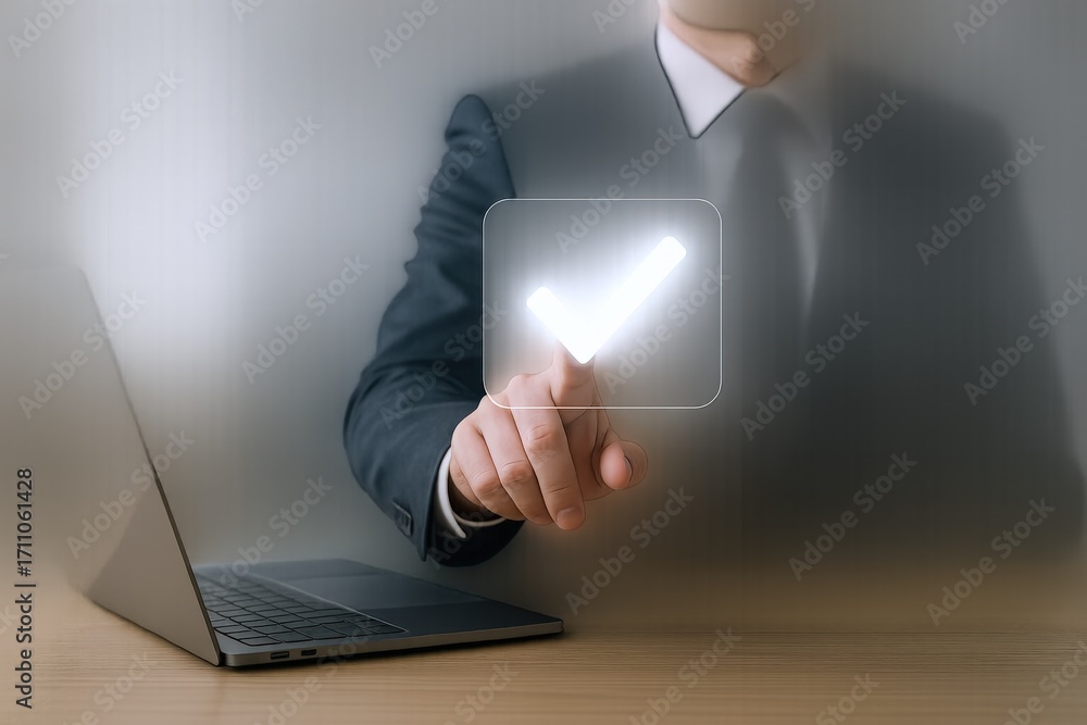 Poster businessman interacts with a virtual check mark on a futuristic interface, symbolizing digital confi